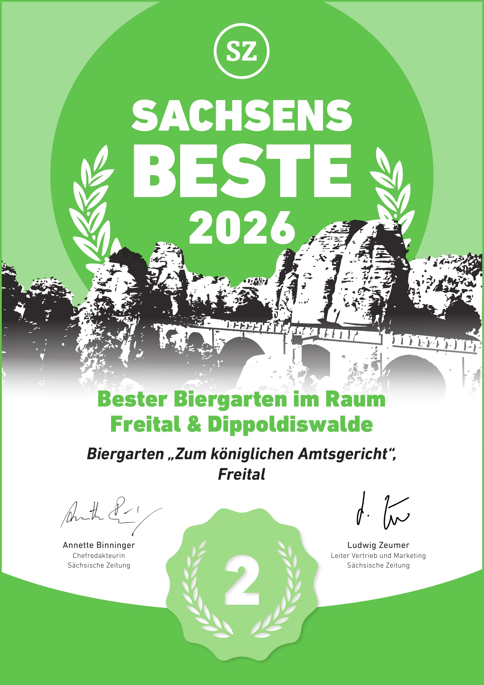 Urkunde Sachsens Beste 2026 für Biergarten zum Königlichen Amtsgericht Freital Döhlen