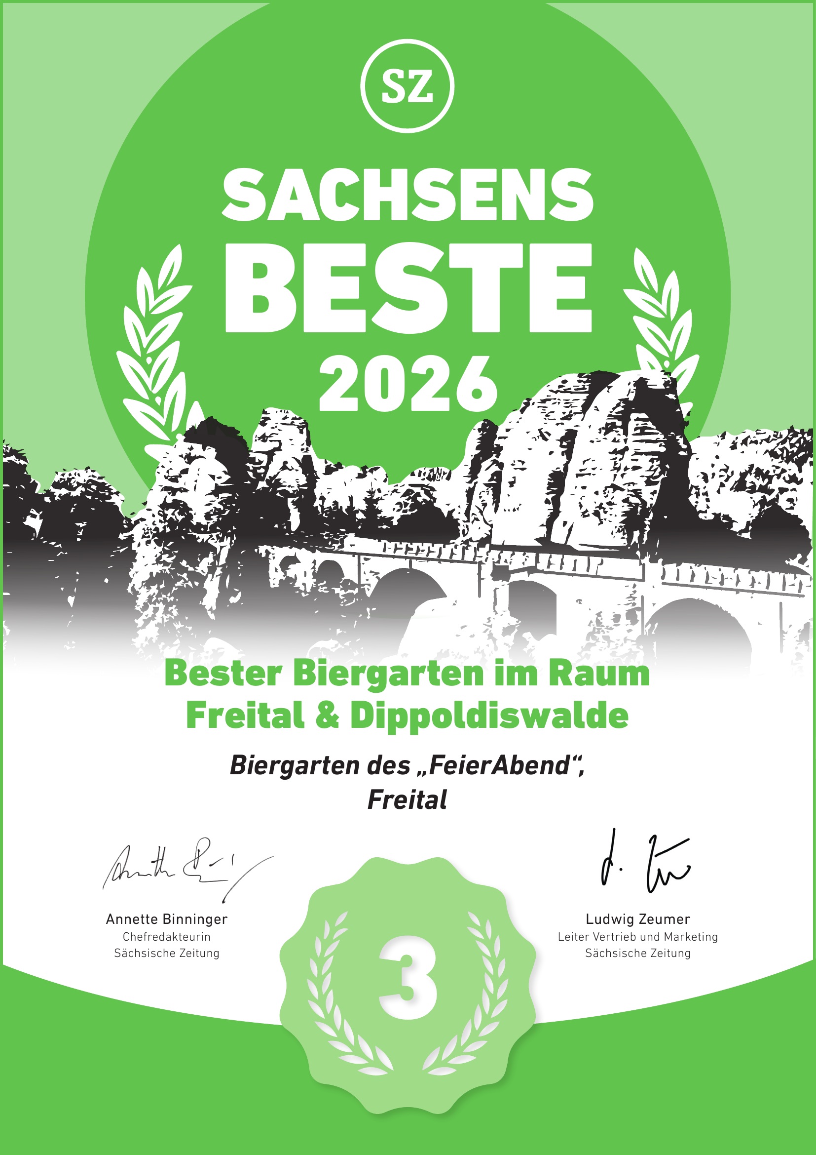 Urkunde Sachsens Beste 2026 für Biergarten FeierAbend