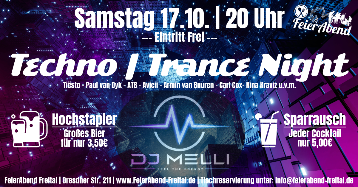 Techno | Trance Party mit DJ MELLI – Veranstaltungsplakat